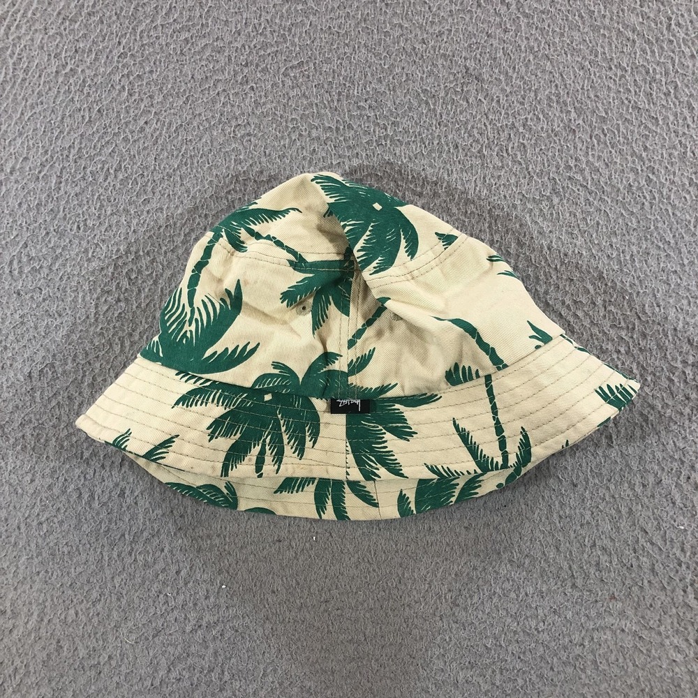 Stussy Hat Cap Bucket Strap Back S M Beige Green Palm Tree Print Cotton Mens